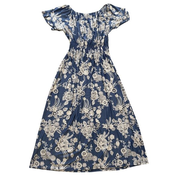 Kindred Dresses & Skirts - Kindred Womens 3X Blue Floral Smocked Maxi Dress Off/On-Shoulder Short-Sleeve